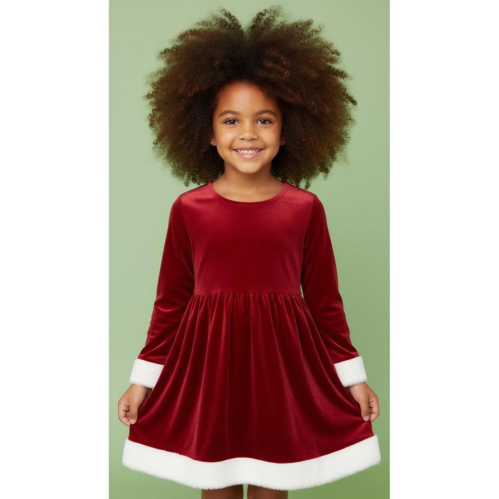 Holiday Time Girls Red Velvet Christmas Dress Faux Fur Trim Mrs Claus Size 6-6X